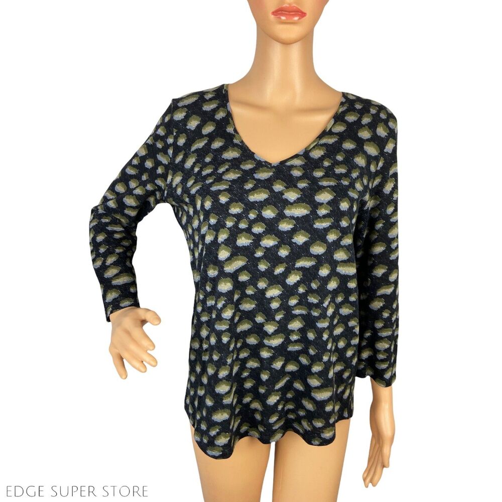 Gerard Darel Paris Green Blue Print V Neck Wool Long Sleeve Shirt Top Size 2